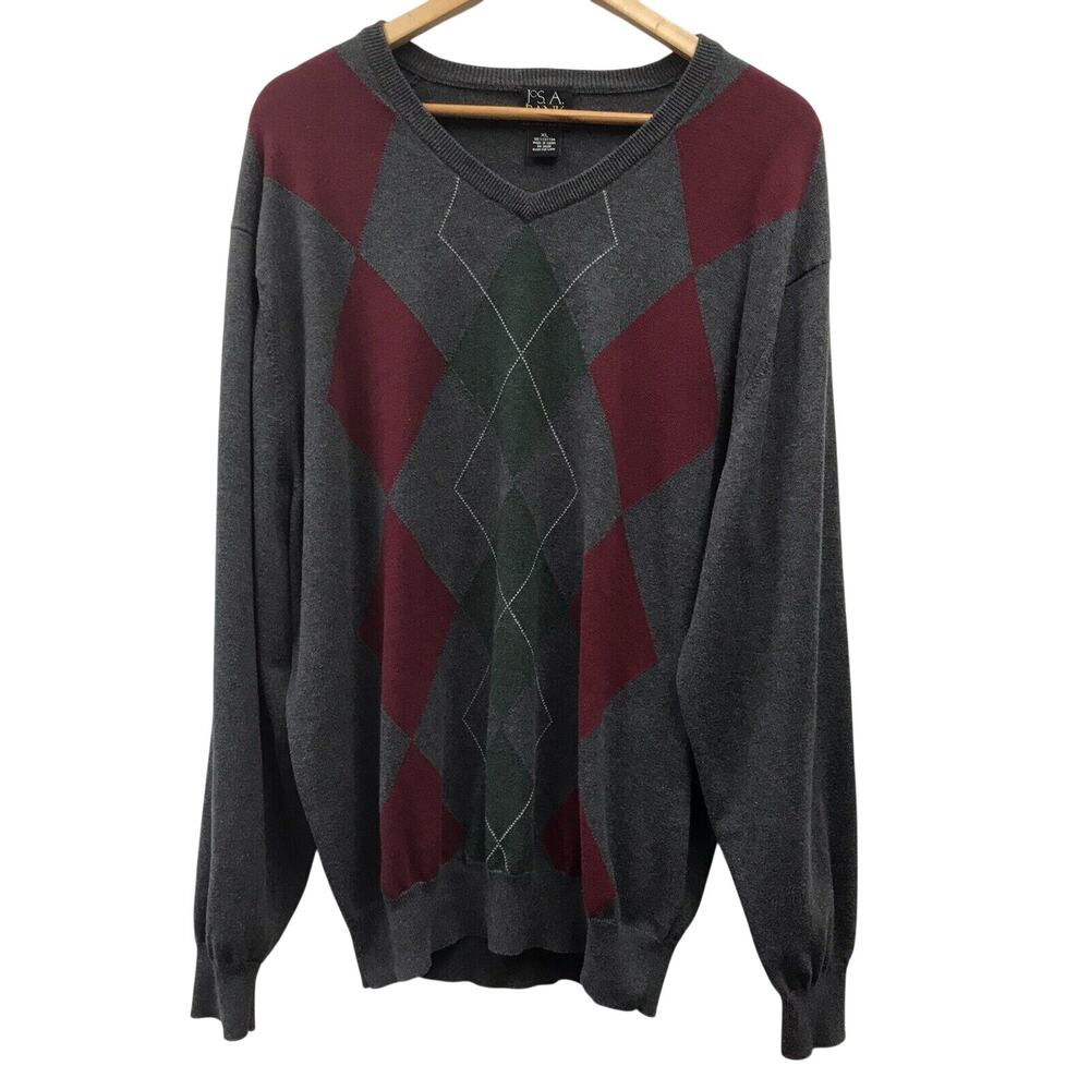 Jos A Bank Sweater Mens XL Argyle Gray Burgundy Green White